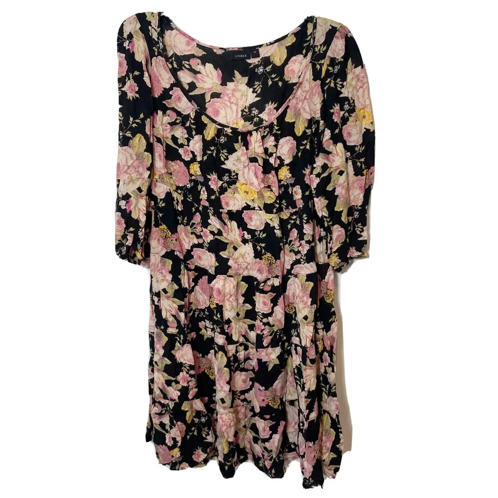 Lindex Babydoll‎ Mini Dress Womens Size M Black Floral Academia Long Sleeve